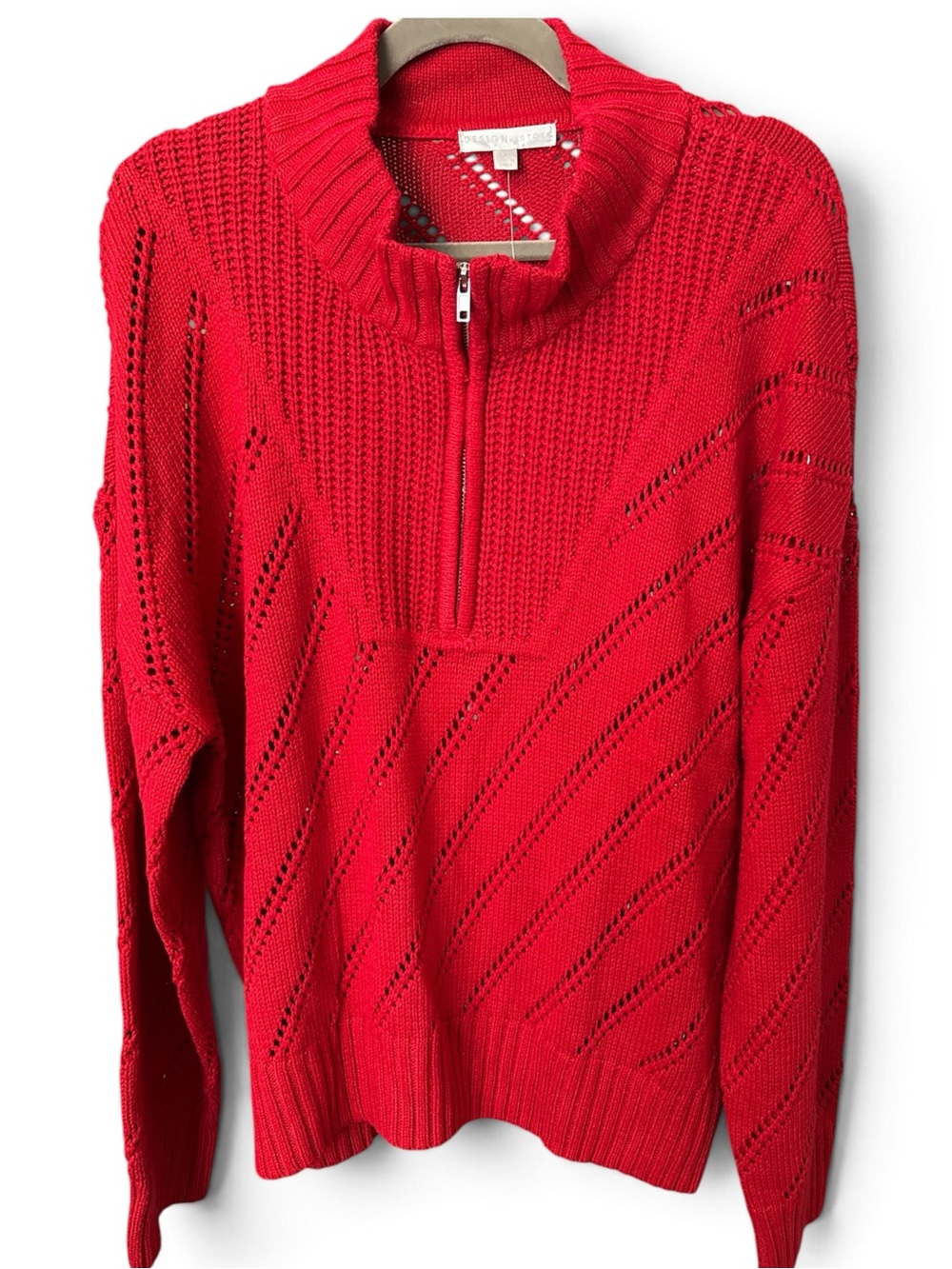 NWT Design History Red Open Knit Quarter Zip Sweater XL
